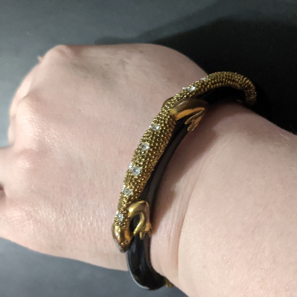 Jewelry - ANTIQUE Gold Tone Rhinestone Lizard Statement Black Bangle Bracelet